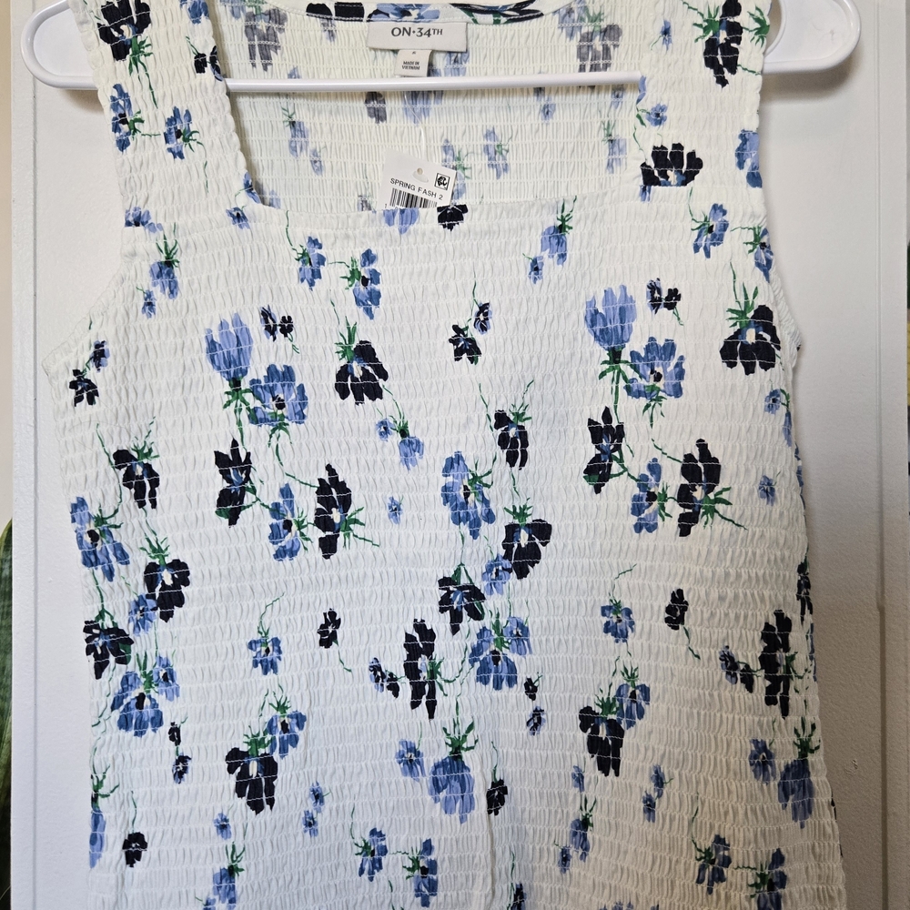 ON 34th White Floral Smocked Camisole with Blue & Black Blooms